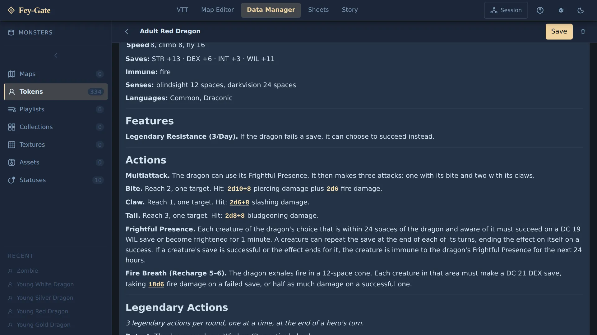 Adult Red Dragon stat block converted for Nimble, with clickable damage dice